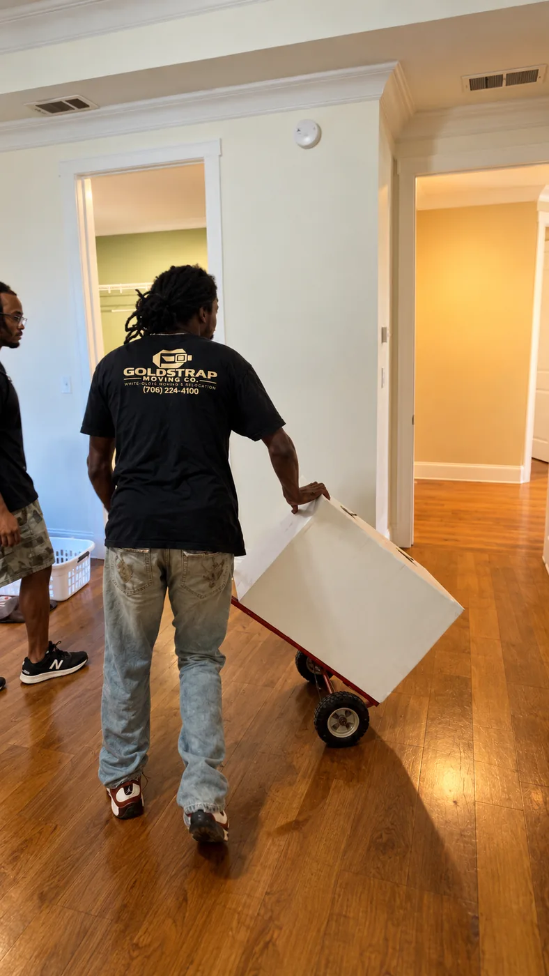 GoldStrap Moving crew member wheeling a packed box on a hand truck through a home in Greensboro, GA