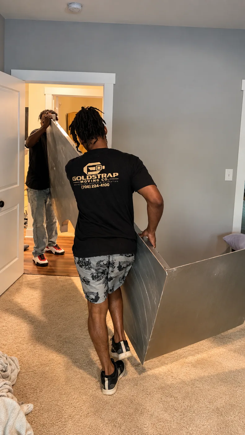 Two GoldStrap Moving crew members carrying a large metal panel through a bedroom doorway