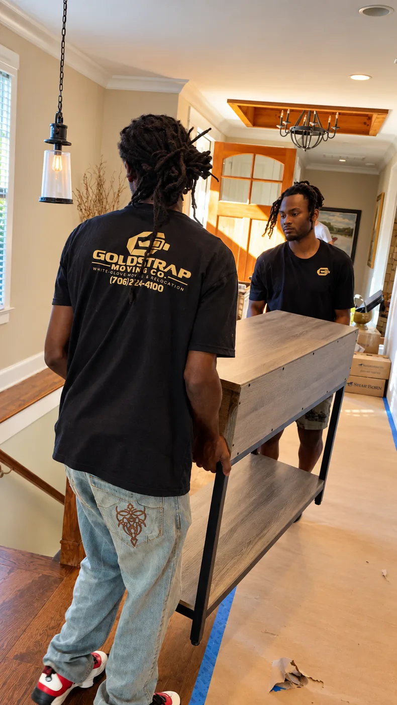 Two GoldStrap Moving crew members carrying a console table down a hallway with the floor protected by paper and tape